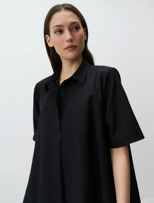 Bayan Siyah Gömlek Yaka Kısa Kollu Basic Elbise