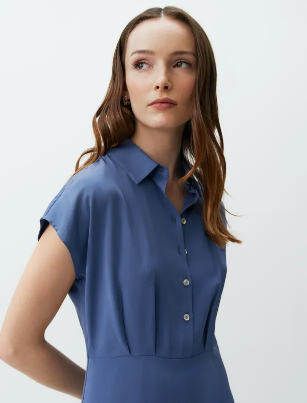 Bayan Mavi Gömlek Yaka Kolsuz Midi Elbise