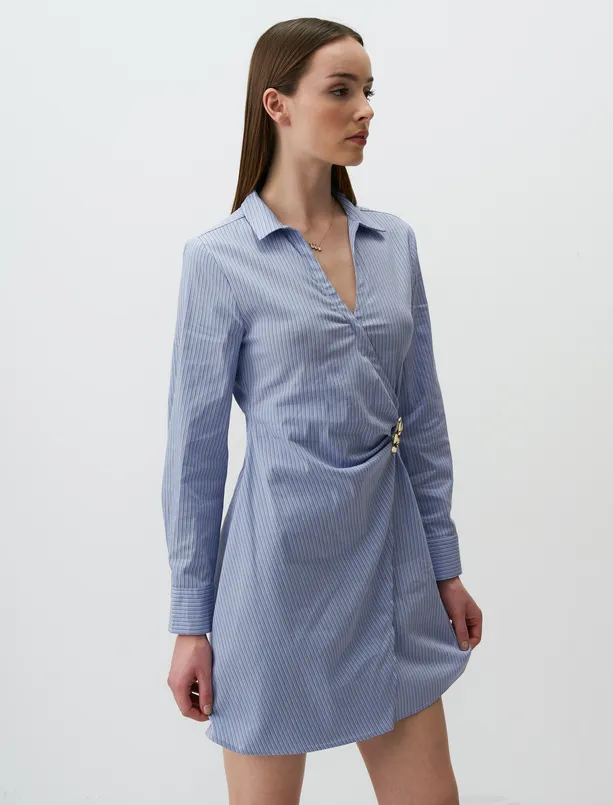 Bayan Mavi Gömlek Yaka Uzun Kollu Çizgili Mini Elbise
