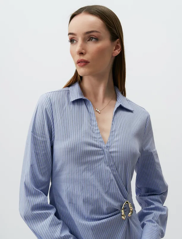 Bayan Mavi Gömlek Yaka Uzun Kollu Çizgili Mini Elbise
