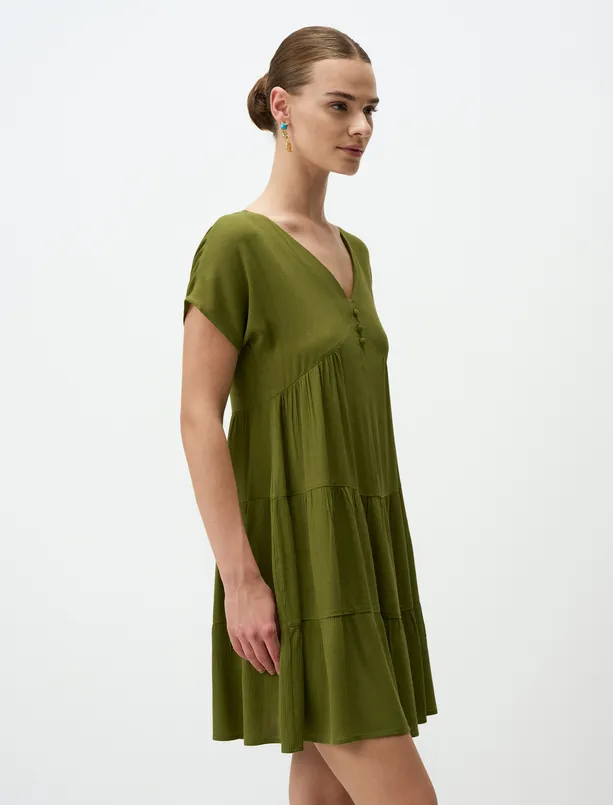 Bayan Yeşil Kısa Kollu Rahat Kesim Mini Elbise