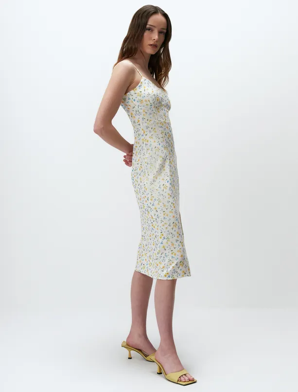 Bayan Ekru Askılı Yırtmaçlı Desenli Midi Elbise