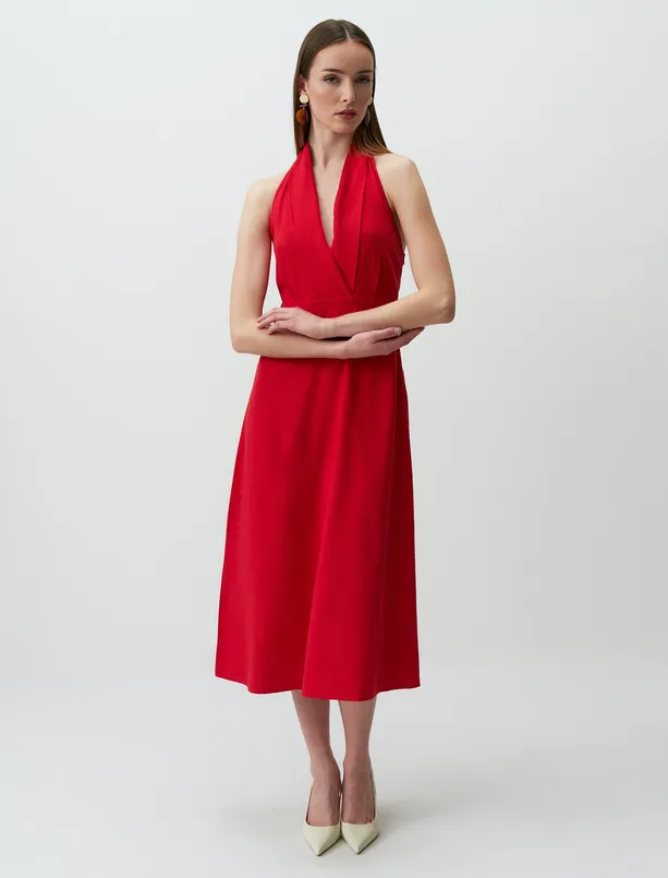 Bayan Kırmızı Kruvaze Yaka Boyundan Bağlı Midi Keten Elbise