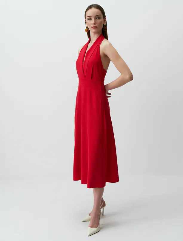 Bayan Kırmızı Kruvaze Yaka Boyundan Bağlı Midi Keten Elbise
