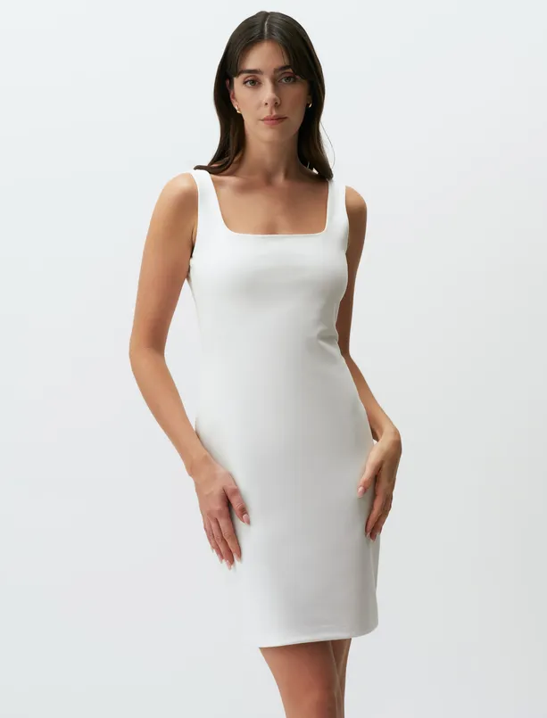 Bayan Beyaz Askılı Kare Yaka Basic Mini Elbise