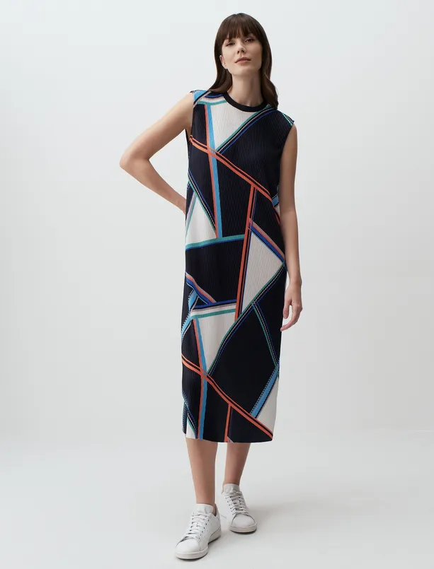 Bayan Karışık Geometrik Desenli Piliseli Midi Elbise