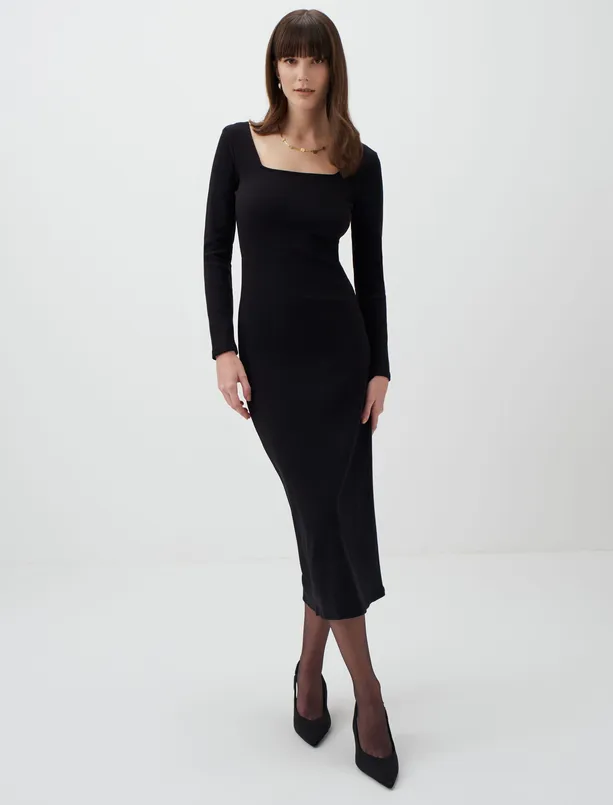 Bayan Siyah Uzun Kollu Kare Yaka Şık Midi Elbise