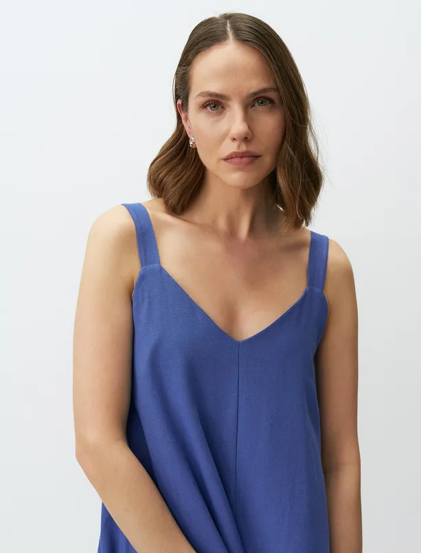 Bayan Mavi Askılı V Yaka Basic Midi Keten Elbise