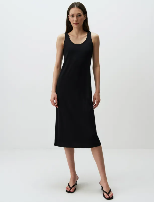 Bayan Siyah Askılı U Yaka Basic Midi Elbise