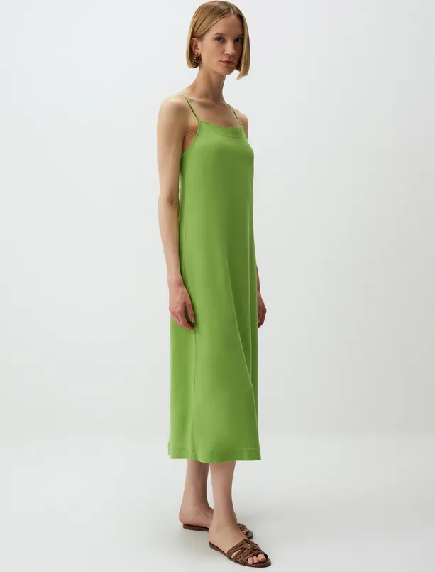 Bayan Yeşil Halter Yaka Askılı Basic Midi Keten Elbise