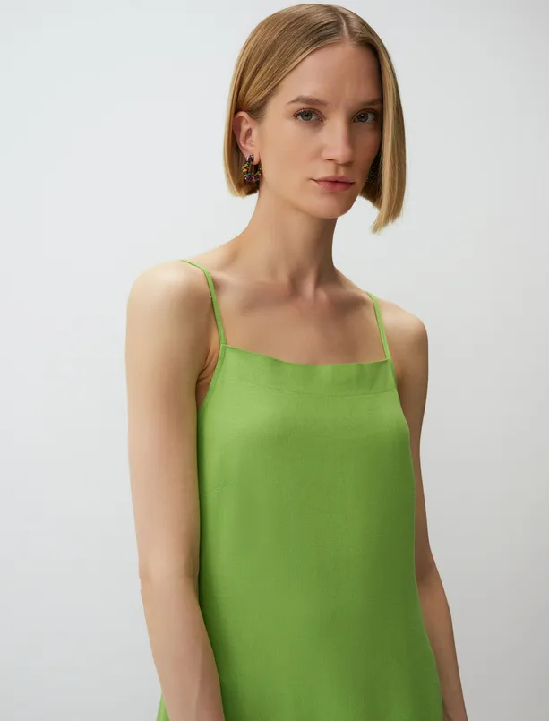 Bayan Yeşil Halter Yaka Askılı Basic Midi Keten Elbise