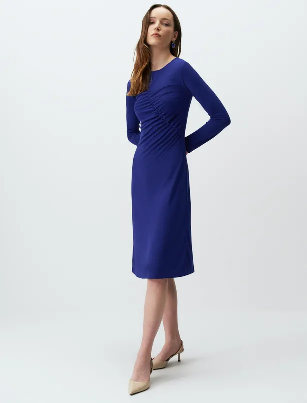 Bayan Mavi Pencere Detaylı Uzun Kollu Şık Midi Elbise