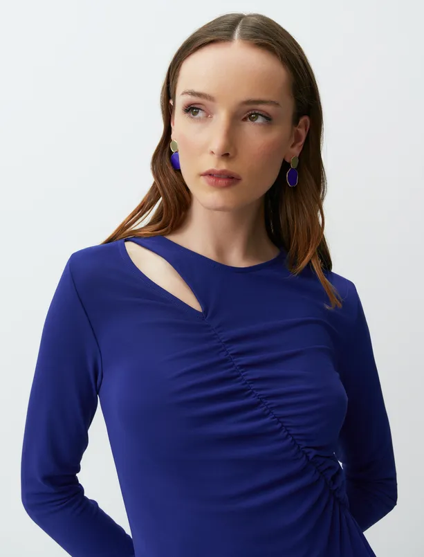 Bayan Mavi Pencere Detaylı Uzun Kollu Şık Midi Elbise