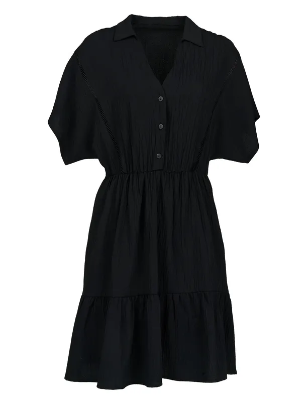 Bayan Siyah Gömlek Yaka Kısa Kollu Mini Elbise
