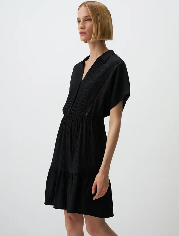 Bayan Siyah Gömlek Yaka Kısa Kollu Mini Elbise