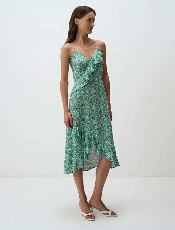 Bayan Yeşil Dar Kesim Askılı V Yaka Desenli Midi Elbise
