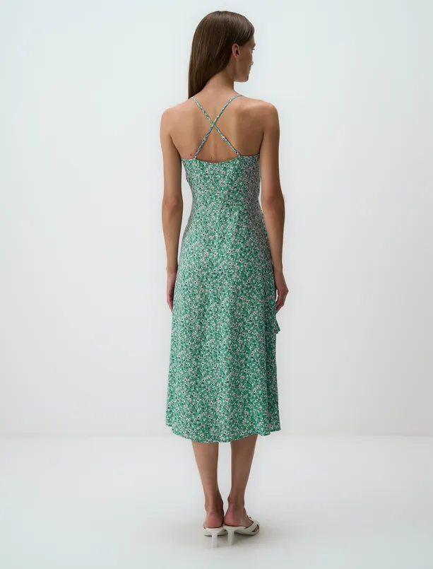 Bayan Yeşil Dar Kesim Askılı V Yaka Desenli Midi Elbise