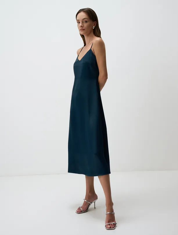 Bayan Mavi V Yaka Askılı Saten Midi Elbise