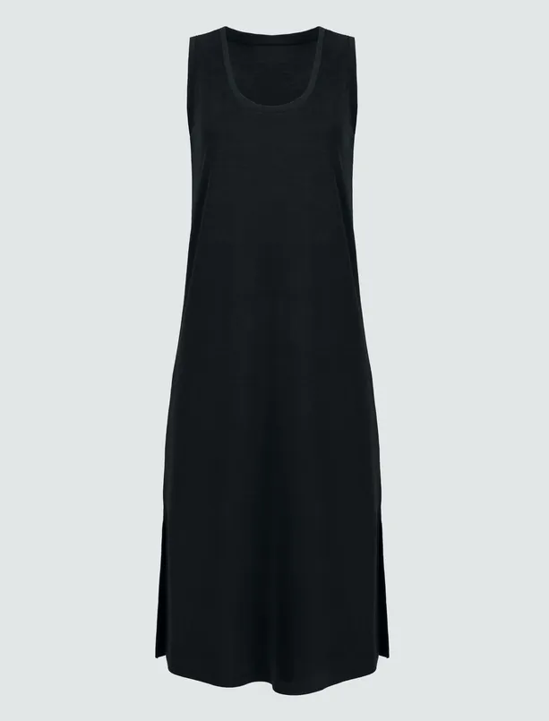 Bayan Siyah Kolsuz U Yaka Yırtmaçlı Basic Midi Elbise