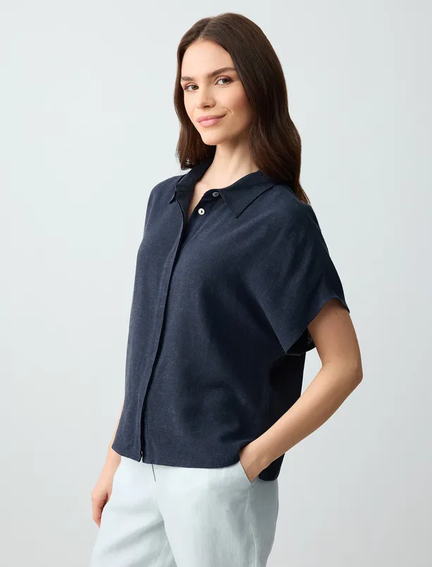 Women Dark Blue Short Sleeve Linen Shirt