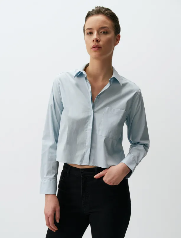 Bayan Mavi Uzun Kollu Basic Kısa Gömlek