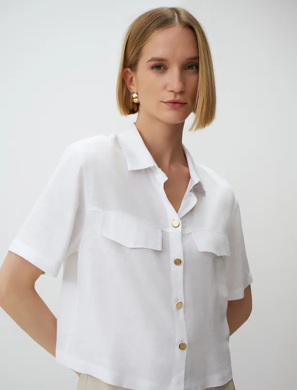 Bayan Beyaz Kısa Kollu Cep Detaylı Keten Gömlek