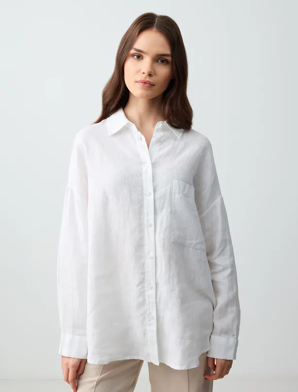 Women White Oversized Long Sleeve Linen Shirt with Pockets