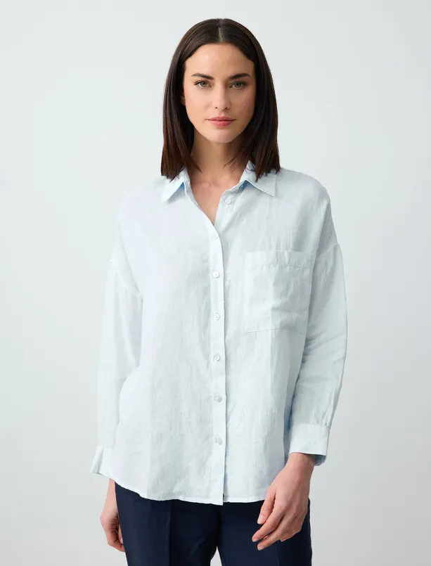 Women Blue Oversized Long Sleeve Linen Shirt with Pockets