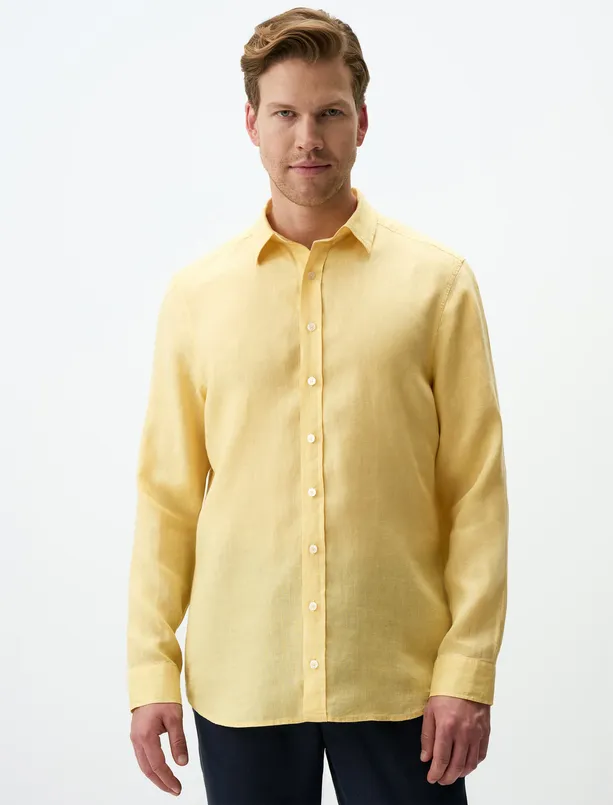 Bayan Sarı Düz Kesim Uzun Kollu Erkek Keten Gömlek