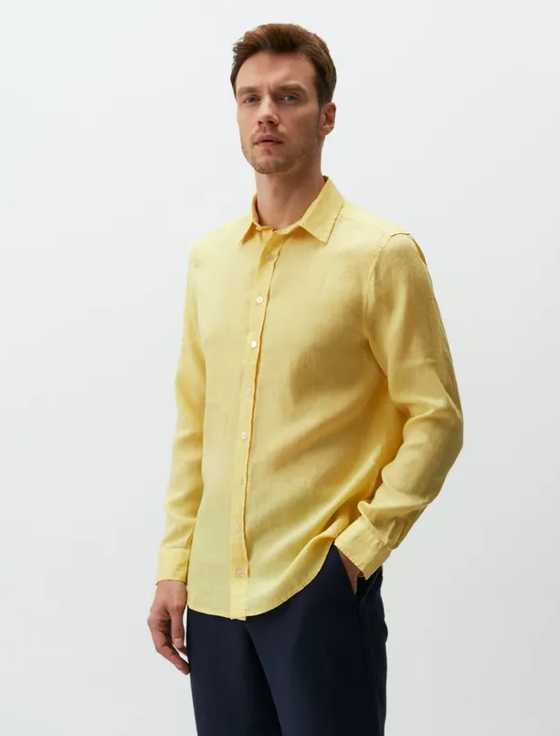 Bayan Sarı Düz Kesim Uzun Kollu Erkek Keten Gömlek