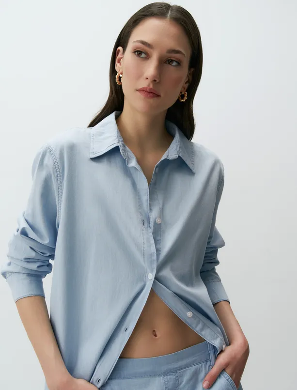 Bayan Mavi Uzun Kollu Denim Basic Gömlek Elbise