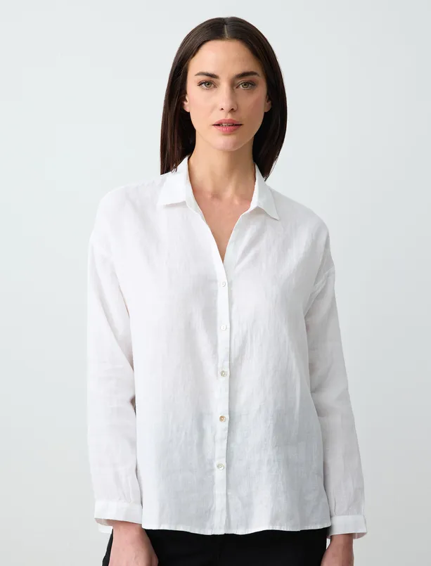 Women White Long Sleeve Basic Linen Shirt