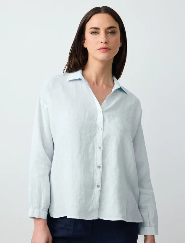 Women Blue Long Sleeve Basic Linen Shirt