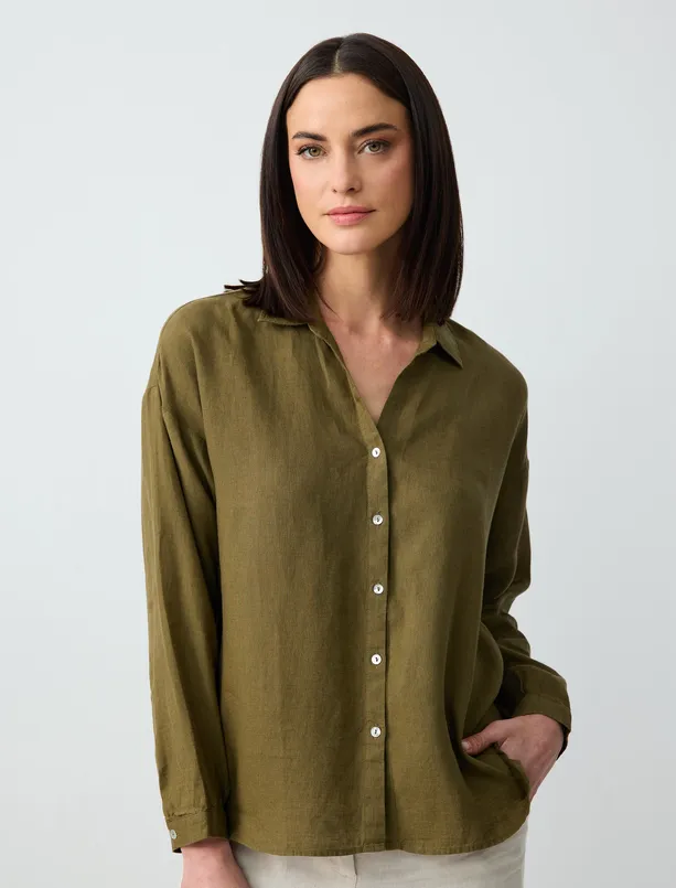 Women Haki Long Sleeve Basic Linen Shirt