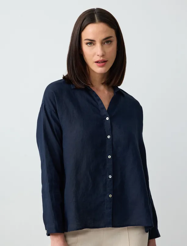 Women Dark Blue Long Sleeve Basic Linen Shirt