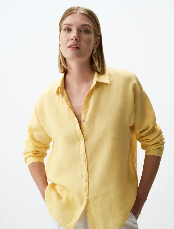 Bayan Sarı Uzun Kollu Basic Keten Gömlek