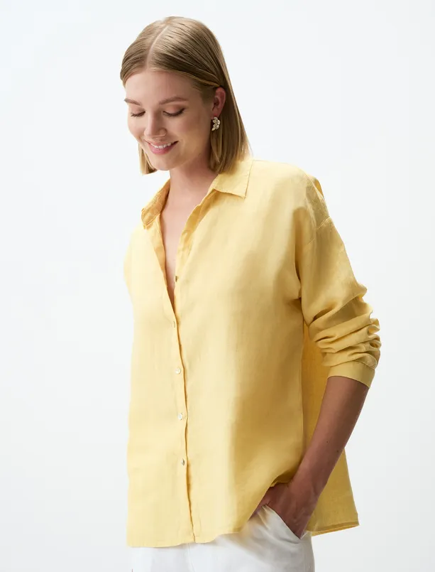 Bayan Sarı Uzun Kollu Basic Keten Gömlek