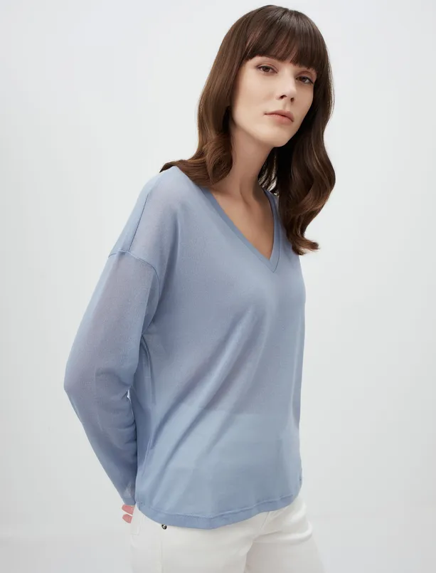 Bayan Mavi V Yaka Uzun Kollu Şık Basic Bluz