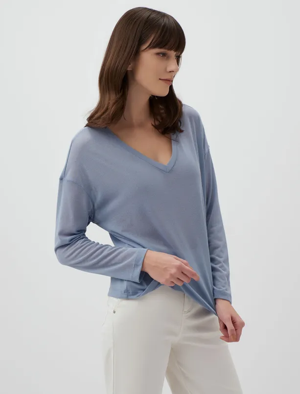 Bayan Mavi V Yaka Uzun Kollu Şık Basic Bluz