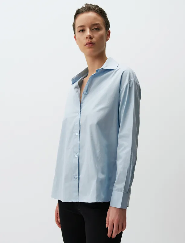 Bayan Mavi Uzun Kollu Basic Poplin Gömlek