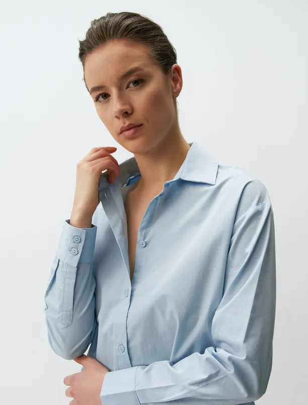 Bayan Mavi Uzun Kollu Basic Poplin Gömlek