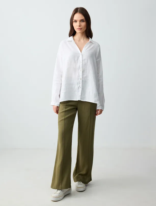 Women Haki Wide Leg High Waist Linen Pants