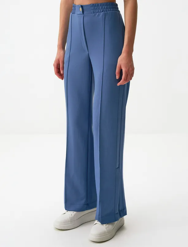 Bayan Mavi Yüksek Bel Bol Paça Yırtmaçlı Rahat Pantolon