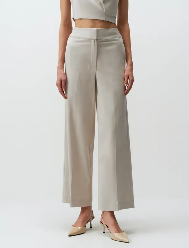 Bayan Bej Yüksek Bel Bol Paça Modern Kumaş Pantolon