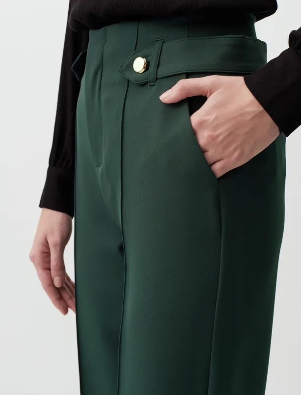 Bayan Koyu Yeşil Düz Kesim Yüksek Bel Şık Kumaş Pantolon