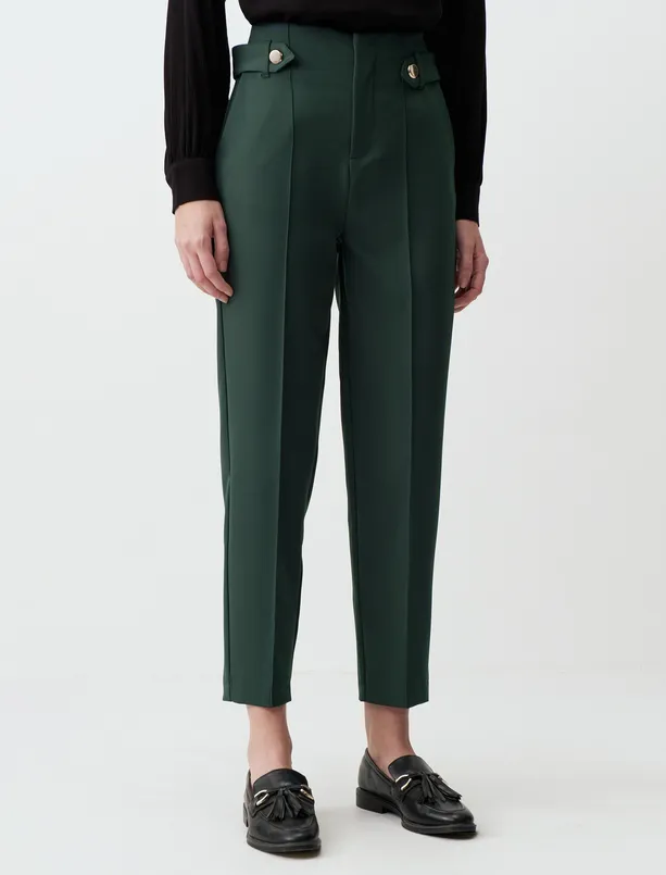 Bayan Koyu Yeşil Düz Kesim Yüksek Bel Şık Kumaş Pantolon