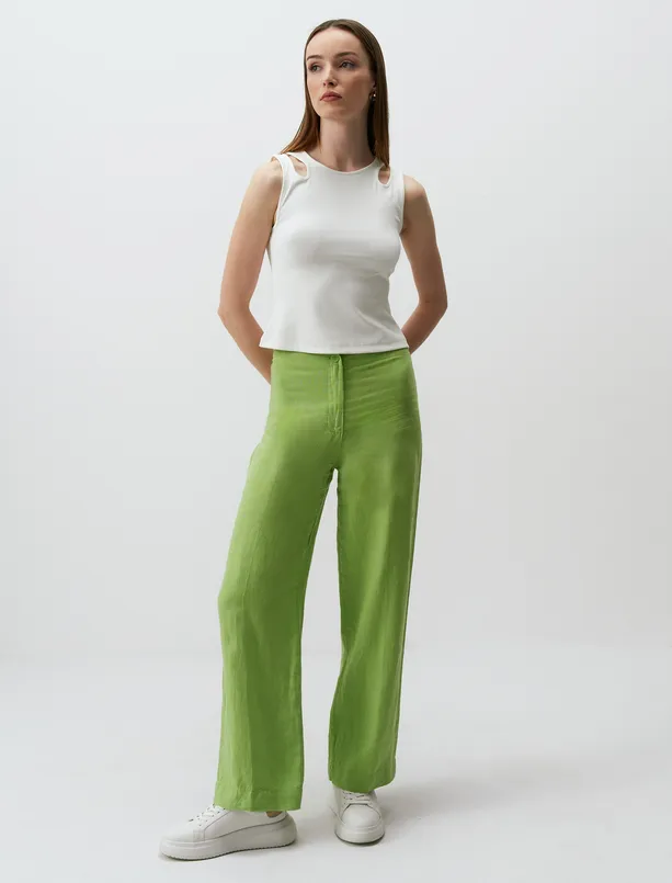 Bayan Yeşil Yüksek Bel Bol Paça Keten Pantolon