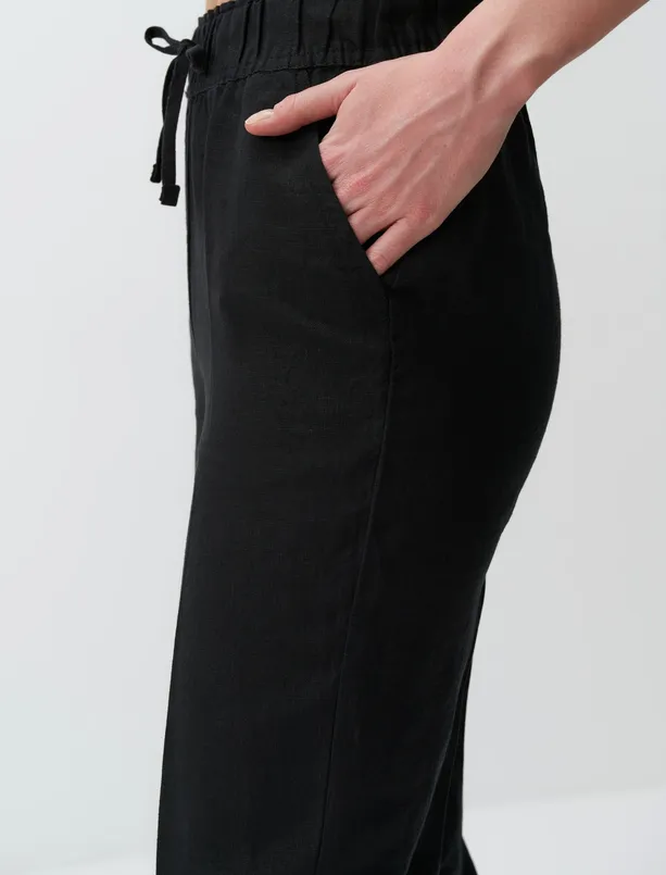 Bayan Siyah Yüksek Bel Belden Bağlamalı Keten Pantolon