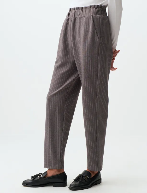 Bayan Antrasit Yüksek Bel Çizgi Desenli Kumaş Pantolon