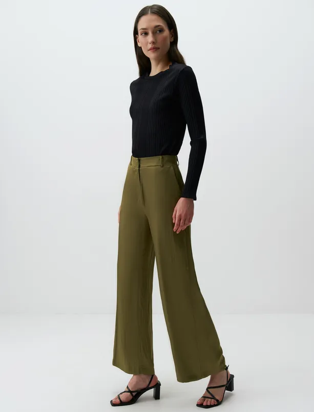 Bayan Yağ Yeşili Yüksek Bel Bol Paça Saten Pantolon
